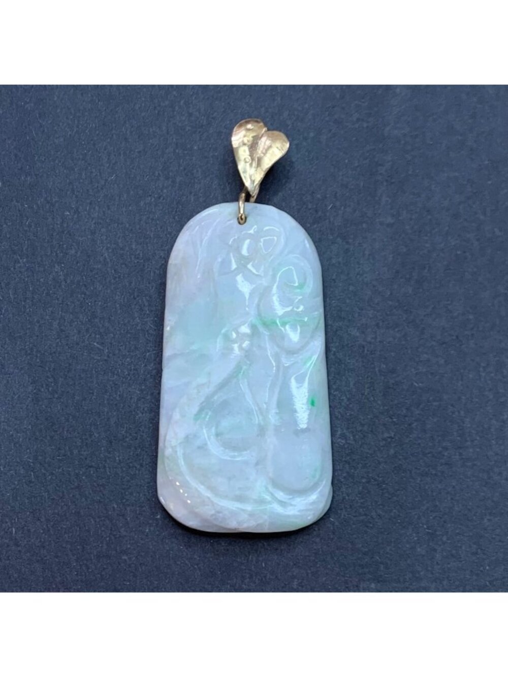 Carved Jade & 14K Yellow Gold Floral Design Pendant Size 2.5" Length